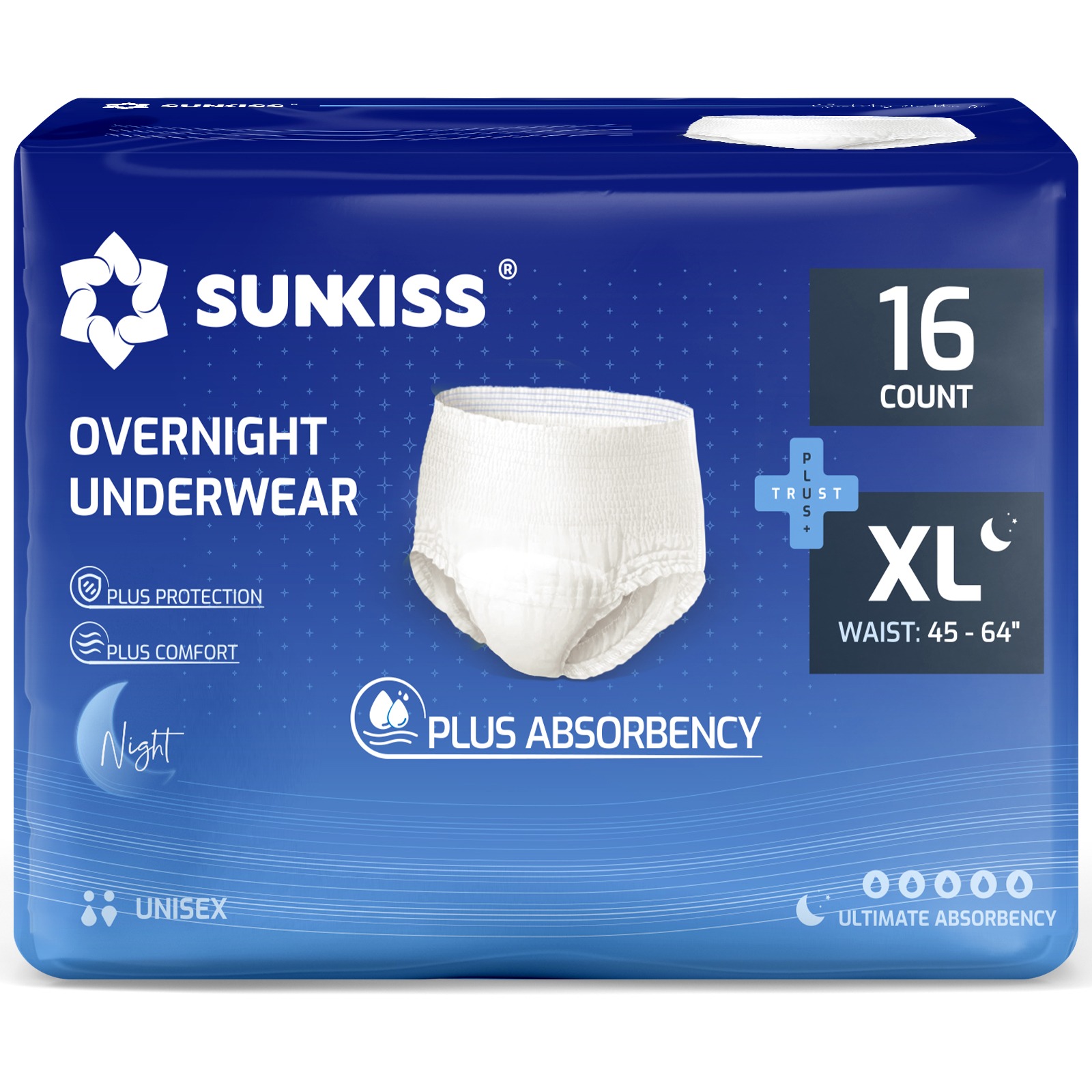 SUNKISS OVERNIGHT UNDERWEAR XL — 16 count — Waist 45–64 in