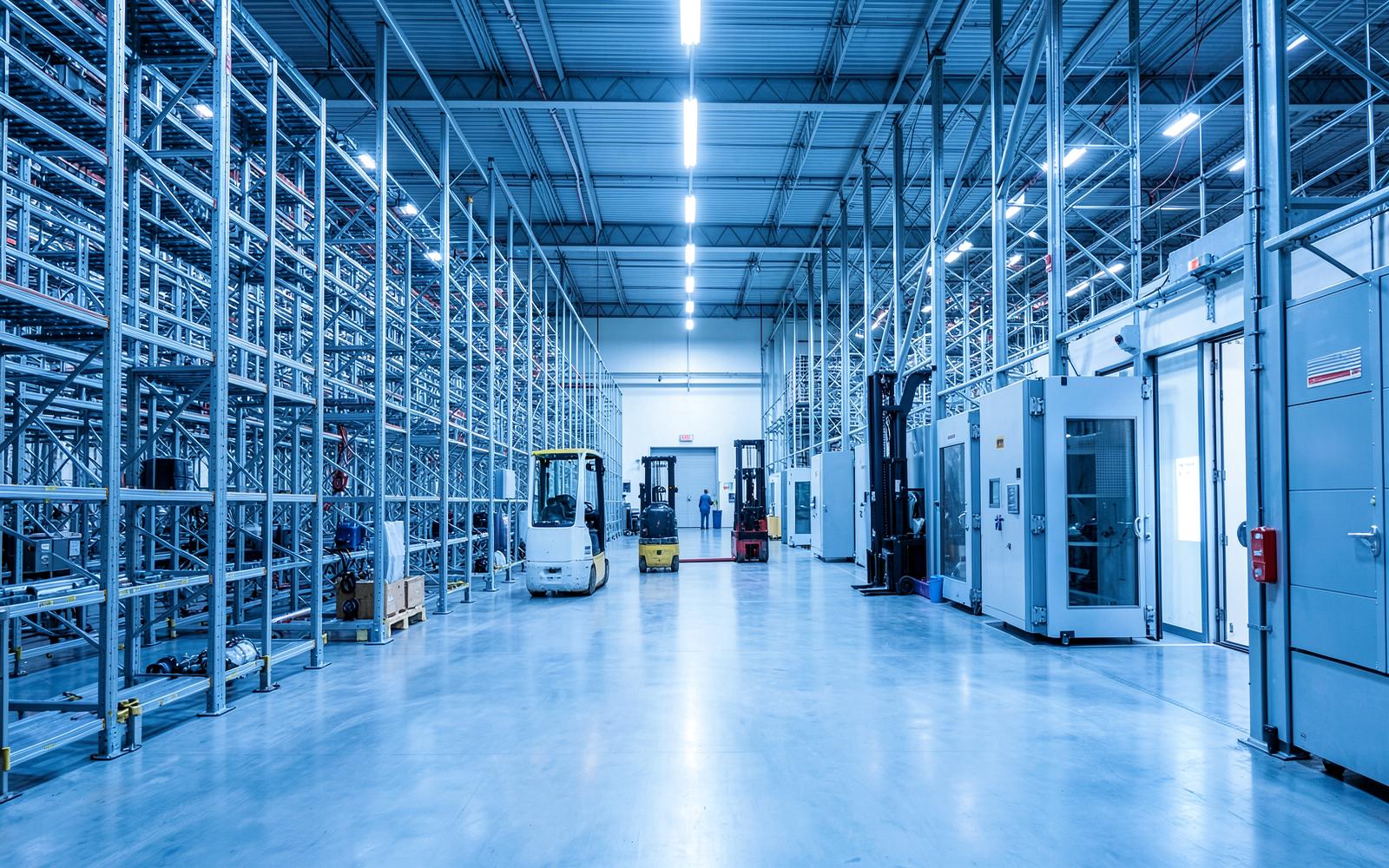 Modern pharmaceutical warehouse with racking and cold storage